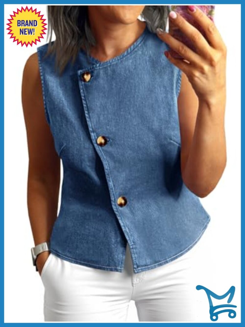 Women Denim Vest Sleeveless Button Down Jean Tank Top Jacket Waistcoat